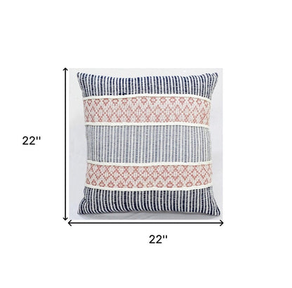 22" X 22" Blue And Peach Trellis Zippered Cotton Blend Throw Pillow With Embroidery