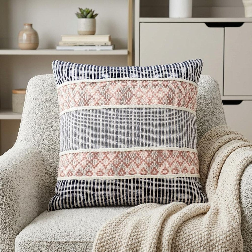 22" X 22" Blue And Peach Trellis Zippered Cotton Blend Throw Pillow With Embroidery — view 1