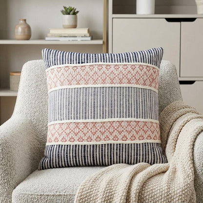 22" X 22" Blue And Peach Trellis Zippered Cotton Blend Throw Pillow With Embroidery