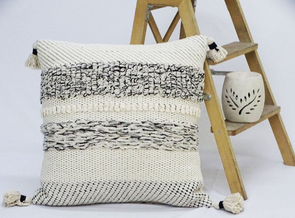22" X 22" White And Black Zippered Cotton Blend Ribbed Throw Pillow With Tassels — view 6