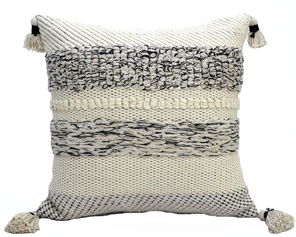 22" X 22" White And Black Zippered Cotton Blend Ribbed Throw Pillow With Tassels — view 2