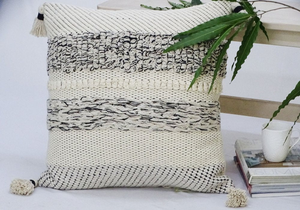 22" X 22" White And Black Zippered Cotton Blend Ribbed Throw Pillow With Tassels — view 7