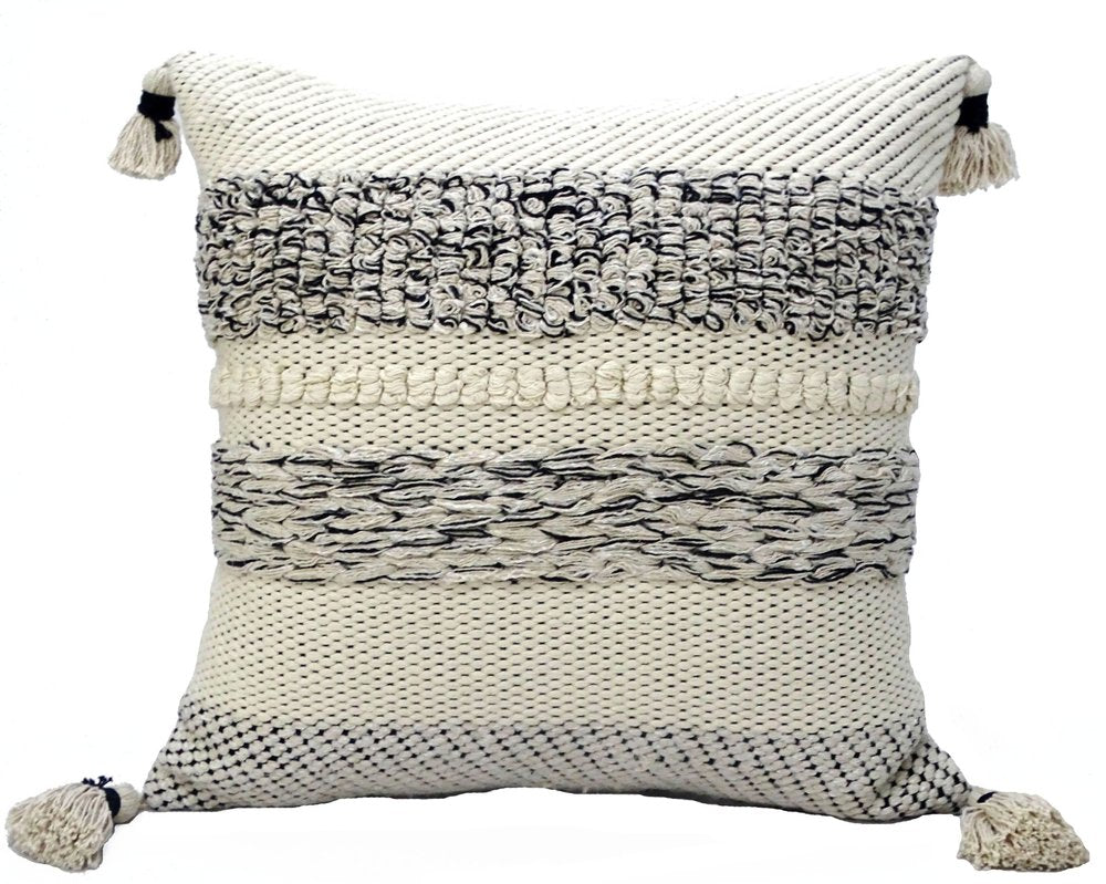 22" X 22" White And Black Zippered Cotton Blend Ribbed Throw Pillow With Tassels — view 3