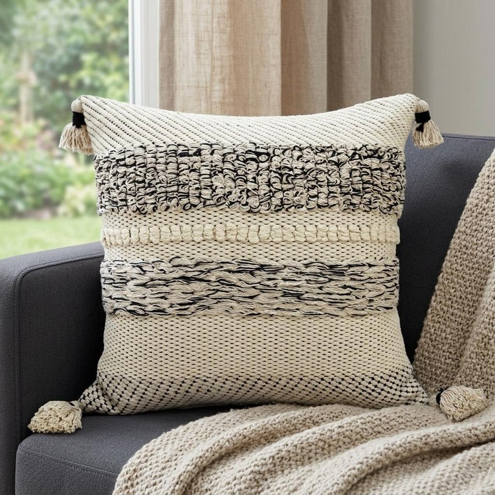 22" X 22" White And Black Zippered Cotton Blend Ribbed Throw Pillow With Tassels — view 1