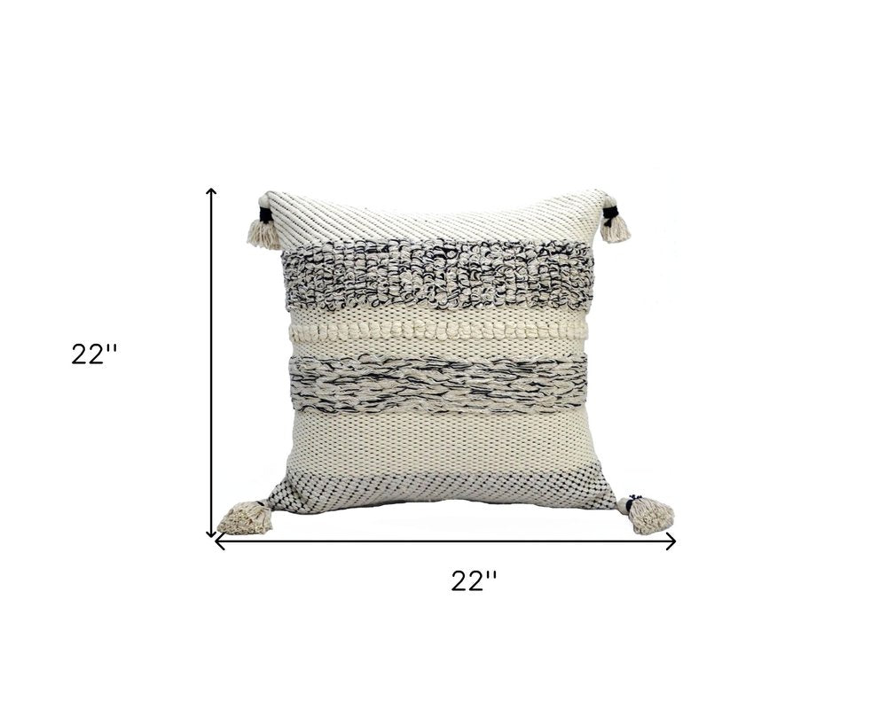 22" X 22" White And Black Zippered Cotton Blend Ribbed Throw Pillow With Tassels — view 8