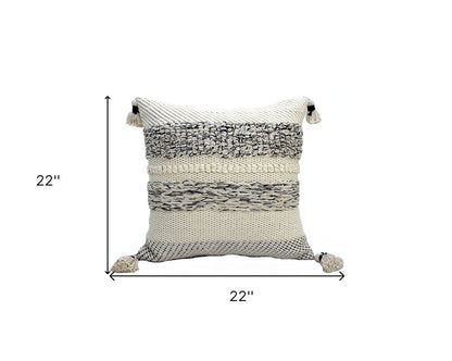 22" X 22" White And Black Zippered Cotton Blend Ribbed Throw Pillow With Tassels