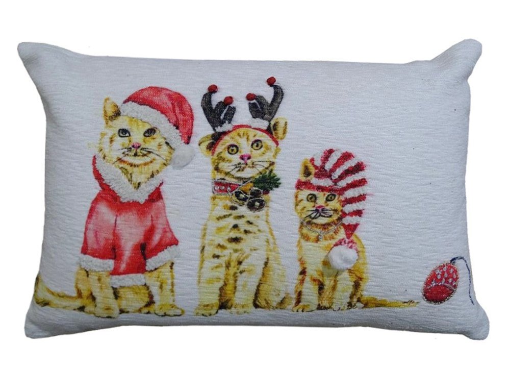 14" X 20" White And Red Cat Zippered Cotton Blend Christmas Throw Pillow