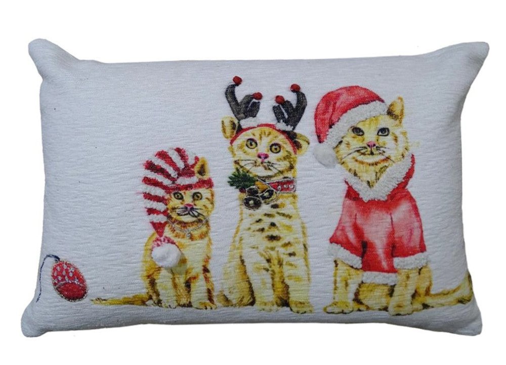 14" X 20" White And Red Cat Zippered Cotton Blend Christmas Throw Pillow