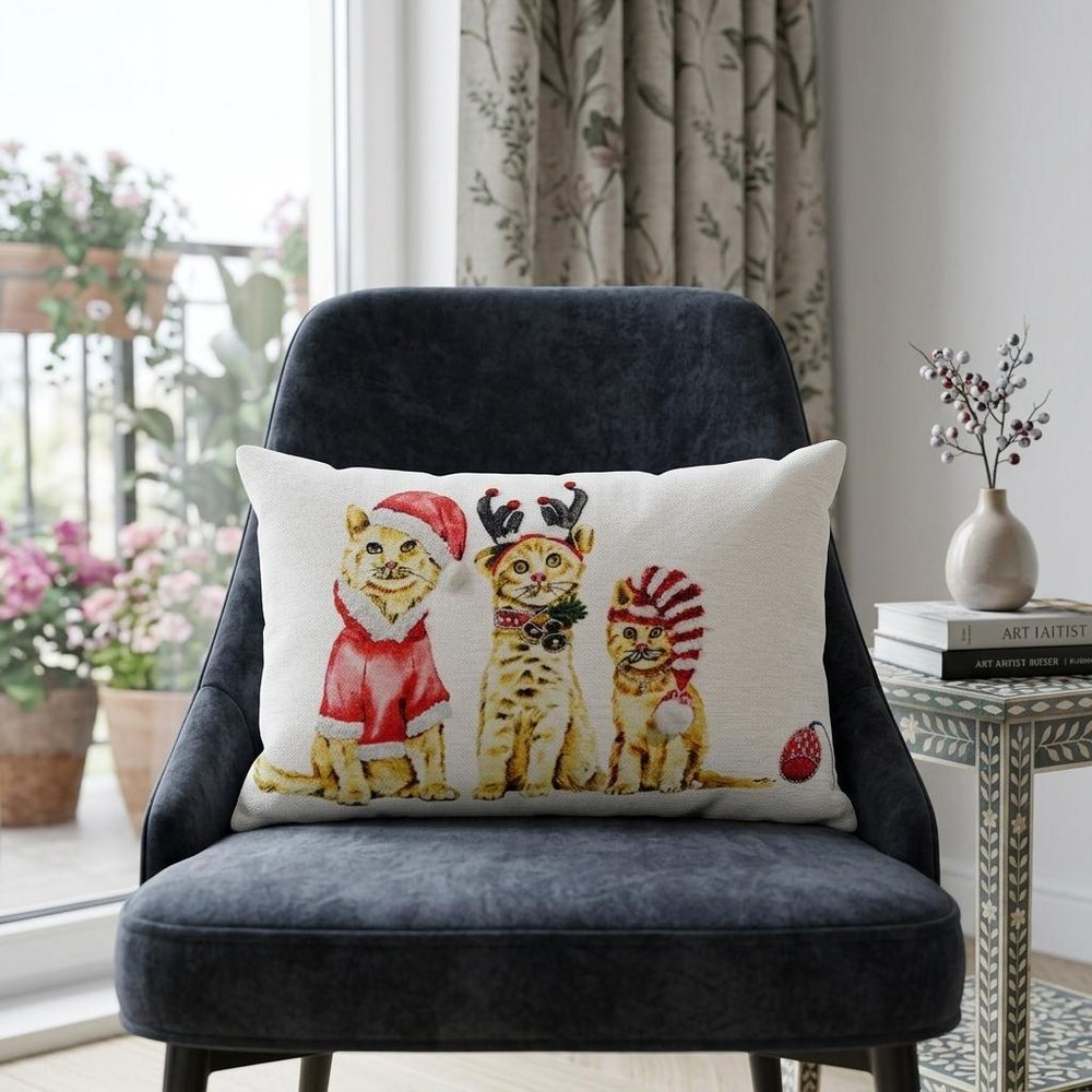 14" X 20" White And Red Cat Zippered Cotton Blend Christmas Throw Pillow — view 1