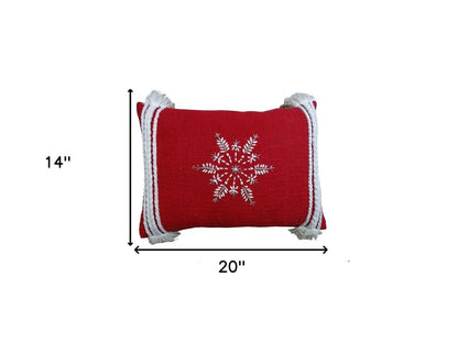 14" X 20" Red Zippered Cotton Blend Christmas Snowflakes Throw Pillow With Embroidery