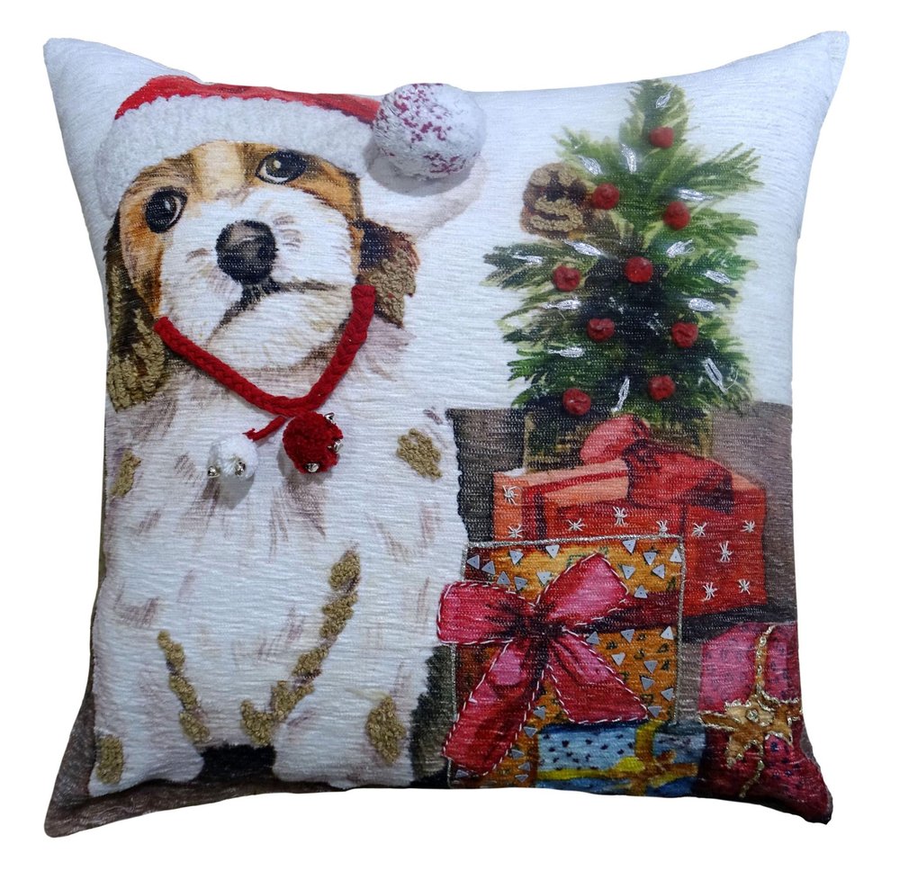 20" X 20" Red And White Dog Zippered Handmade Cotton Blend Christmas Throw Pillow With Pom Poms