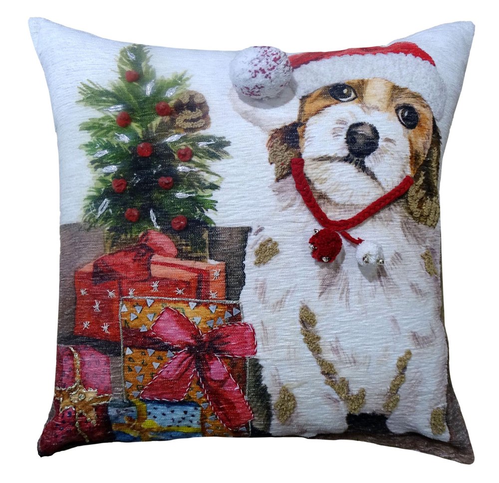 20" X 20" Red And White Dog Zippered Handmade Cotton Blend Christmas Throw Pillow With Pom Poms — view 2