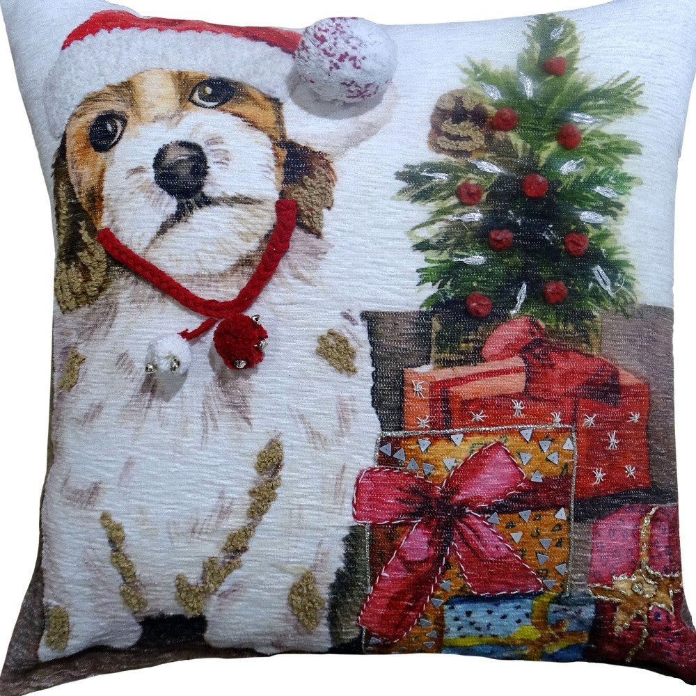 20" X 20" Red And White Dog Zippered Handmade Cotton Blend Christmas Throw Pillow With Pom Poms — view 3