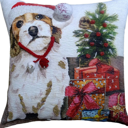 20" X 20" Red And White Dog Zippered Handmade Cotton Blend Christmas Throw Pillow With Pom Poms
