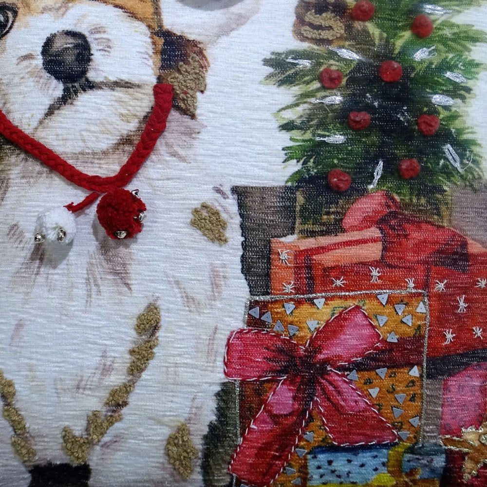 20" X 20" Red And White Dog Zippered Handmade Cotton Blend Christmas Throw Pillow With Pom Poms — view 4