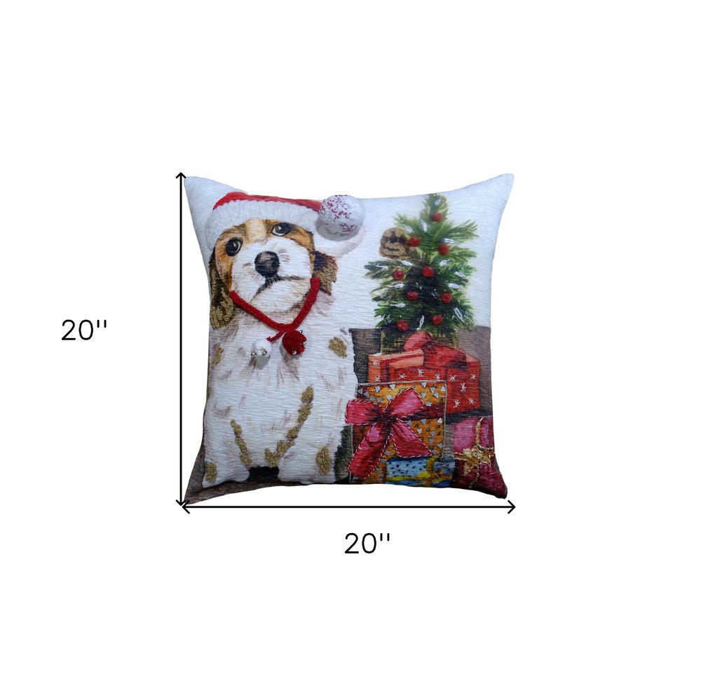 20" X 20" Red And White Dog Zippered Handmade Cotton Blend Christmas Throw Pillow With Pom Poms — view 5