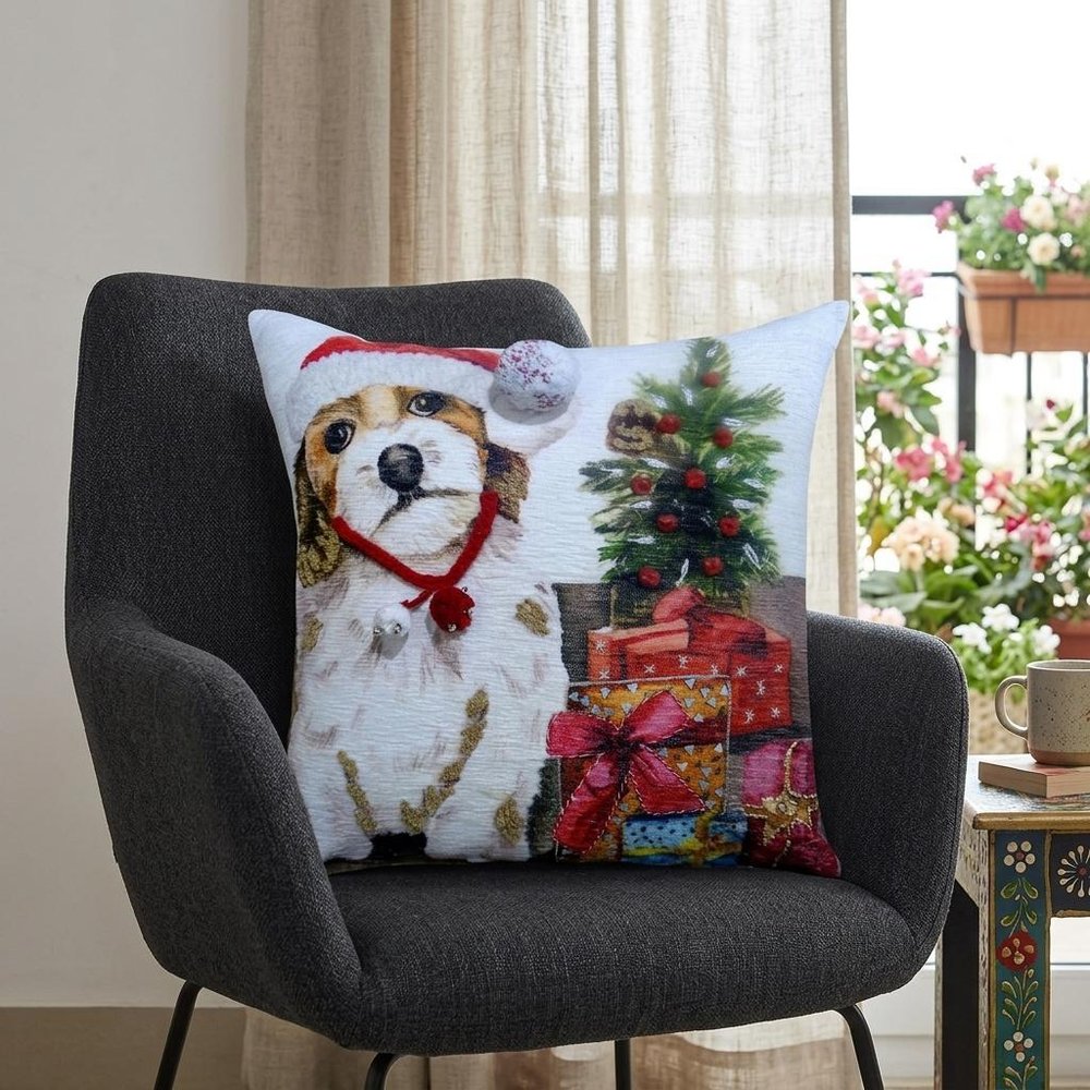 20" X 20" Red And White Dog Zippered Handmade Cotton Blend Christmas Throw Pillow With Pom Poms — view 6