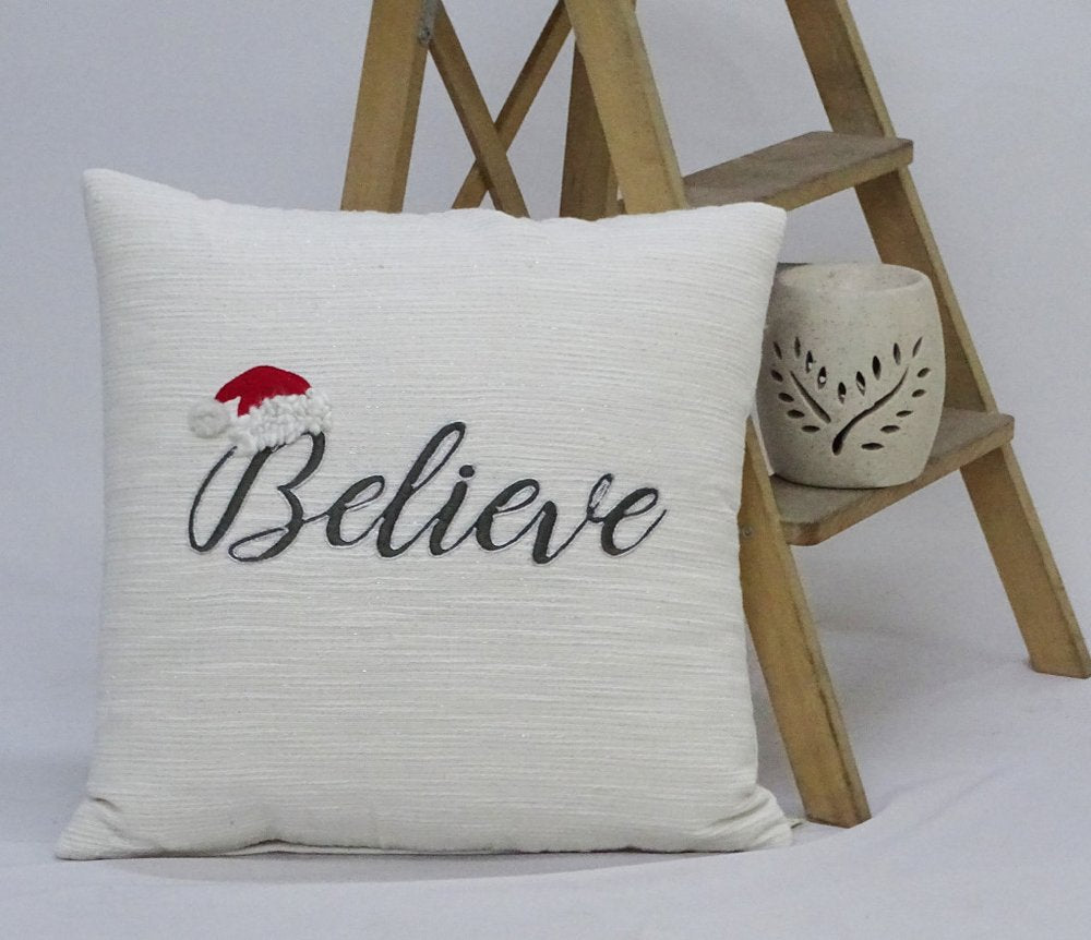 20" X 20" White Cotton Blend Believe Christmas Throw Pillow — view 1