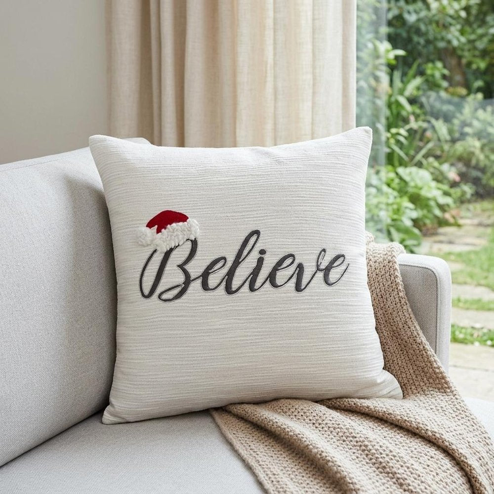 20" X 20" White Cotton Blend Believe Christmas Throw Pillow — view 7