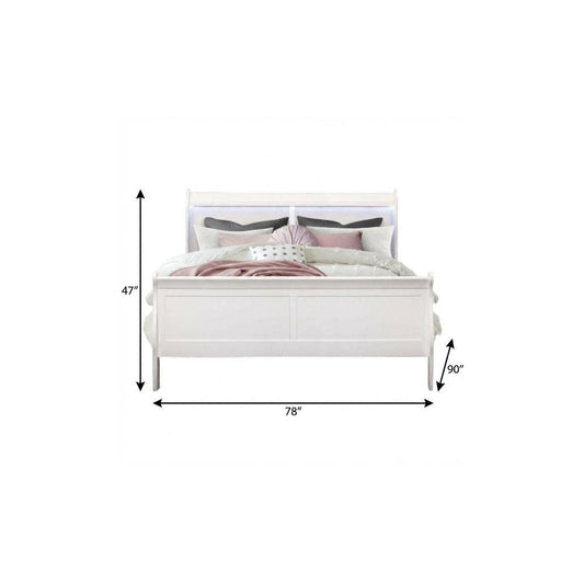 White Carved Geometric Wood Lighted King Bed Frame