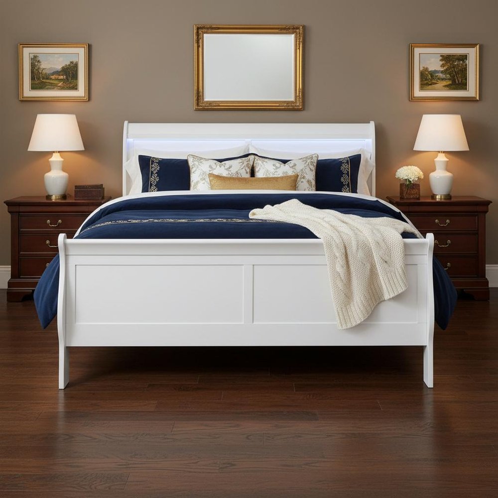 White Carved Geometric Wood Lighted King Bed Frame — view 2