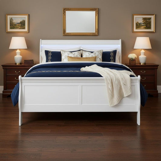 White Carved Geometric Wood Lighted King Bed Frame