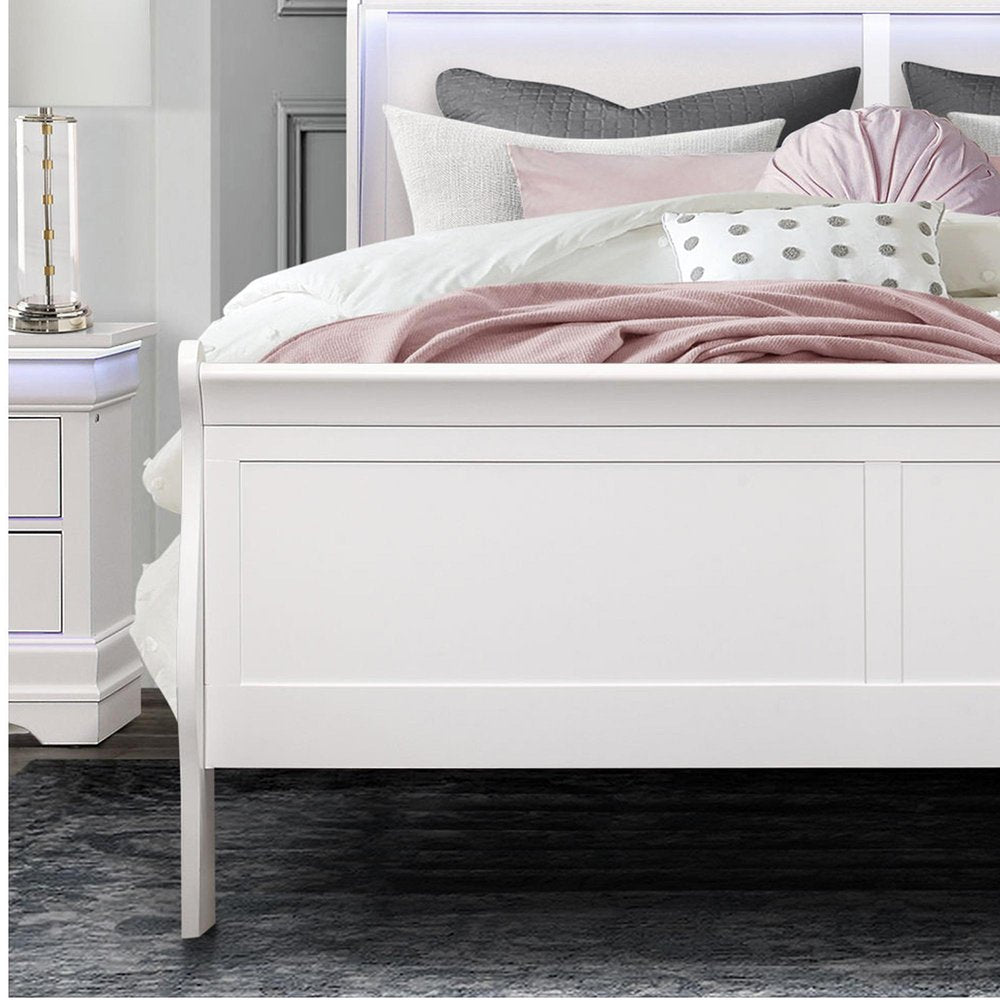 White Carved Geometric Wood Lighted King Bed Frame HomeRoots