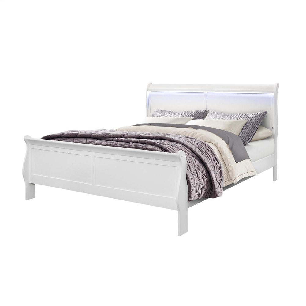 White Carved Geometric Wood Lighted King Bed Frame HomeRoots