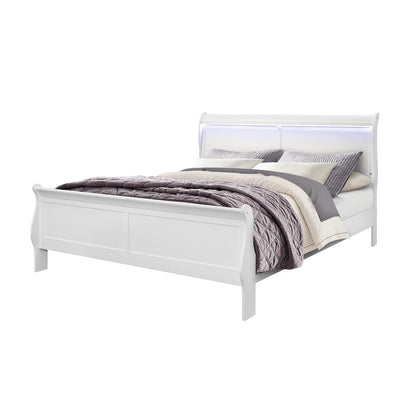 White Carved Geometric Wood Lighted King Bed Frame HomeRoots