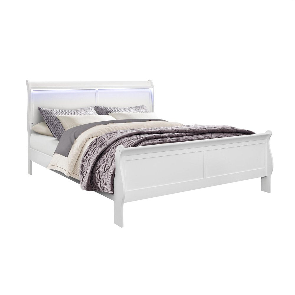 White Carved Geometric Wood Lighted King Bed Frame HomeRoots
