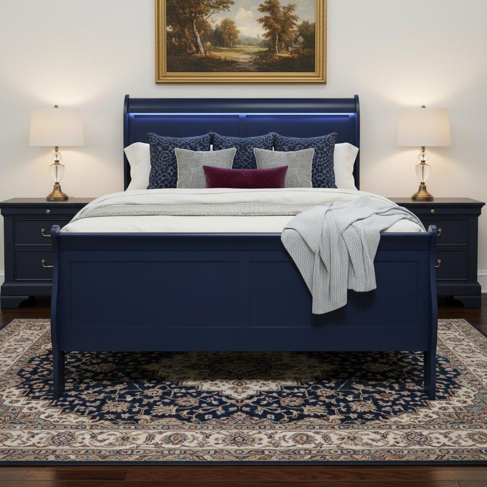 Blue Upholstered Full Bed Frame With No HomeRoots