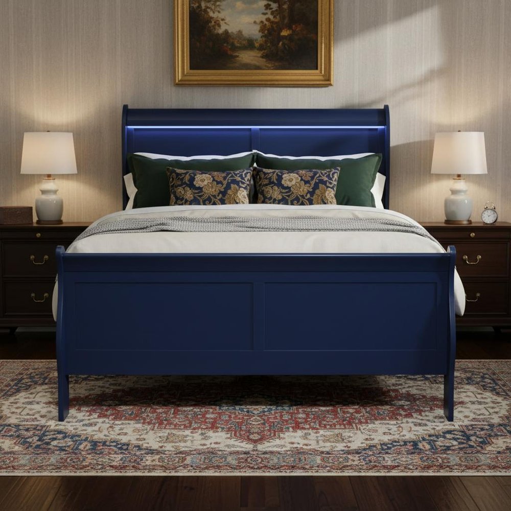Blue Upholstered King Bed Frame With No HomeRoots