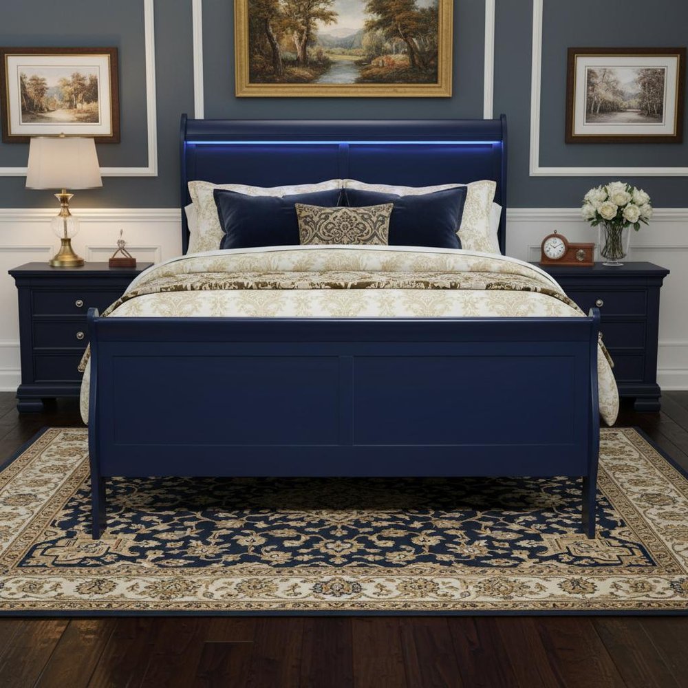 Blue Upholstered Queen Bed Frame With No HomeRoots