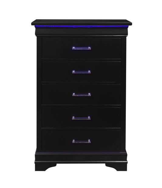 16" Black Solid Wood Five Drawer Chest with LED Lights