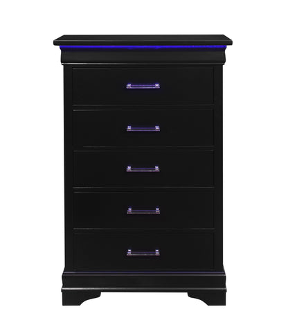 16" Black Solid Wood Five Drawer Chest with LED Lights