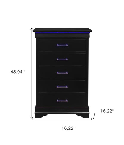 16" Black Solid Wood Five Drawer Chest with LED Lights