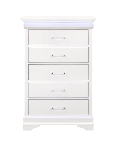 16" White Solid Wood Five Drawer Chest with LED Lighting