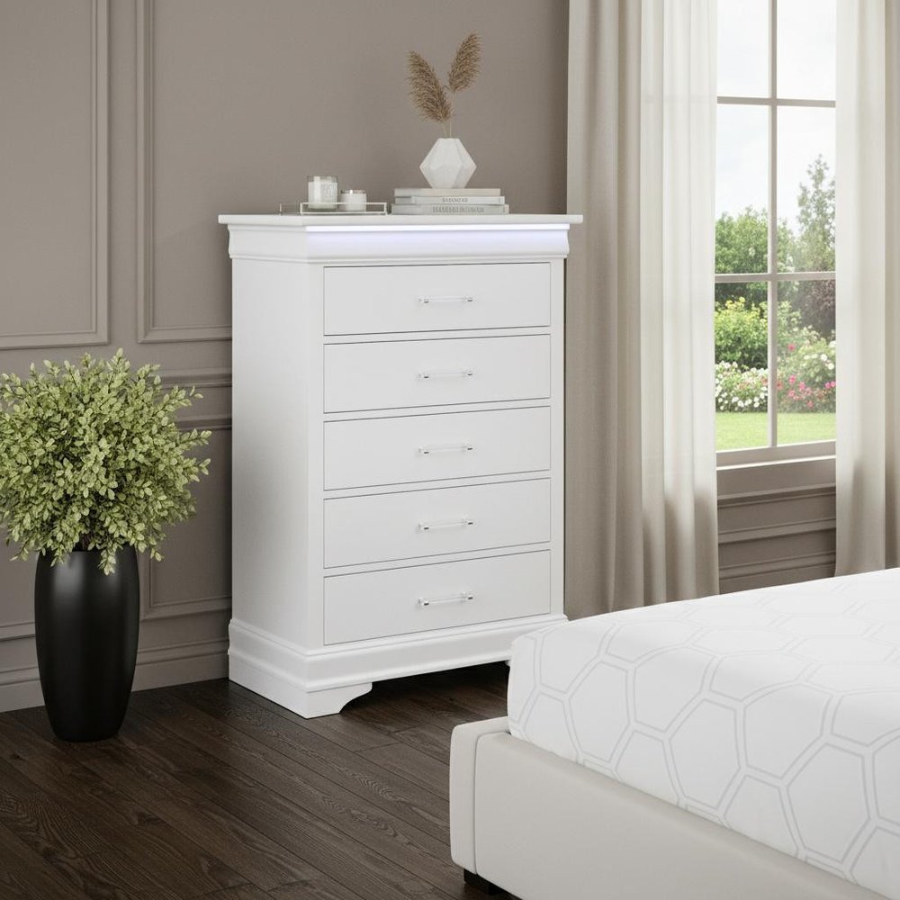 59" White Solid Wood Six Drawer Double Dresser with LED HomeRoots