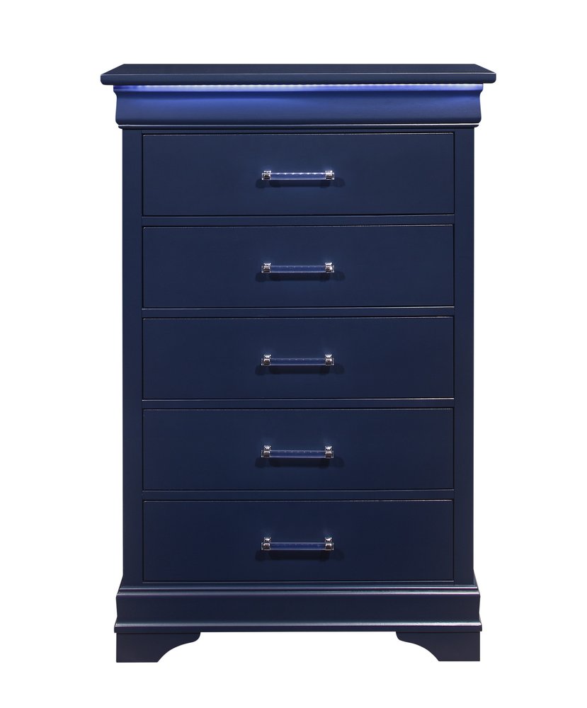 16" Blue Solid Wood Five Drawer Chest With LED Lighting HomeRoots