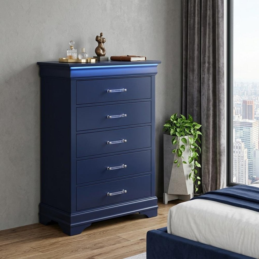 16" Blue Solid Wood Five Drawer Chest With LED Lighting HomeRoots