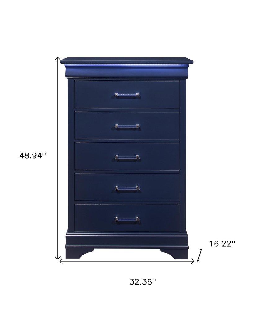 16" Blue Solid Wood Five Drawer Chest With LED Lighting HomeRoots