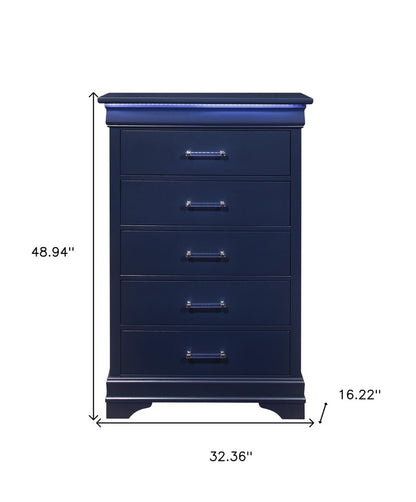 16" Blue Solid Wood Five Drawer Chest With LED Lighting HomeRoots