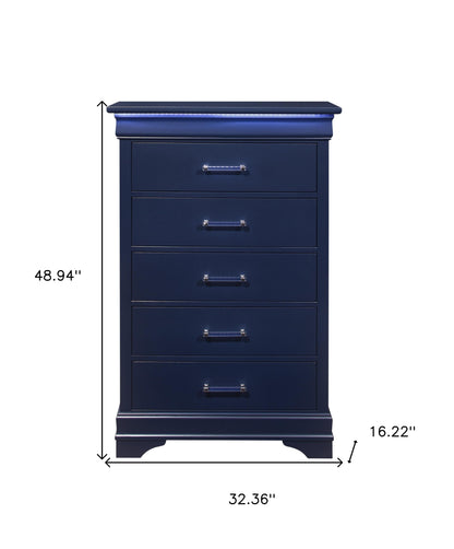 16" Blue Solid Wood Five Drawer Chest with LED Lighting