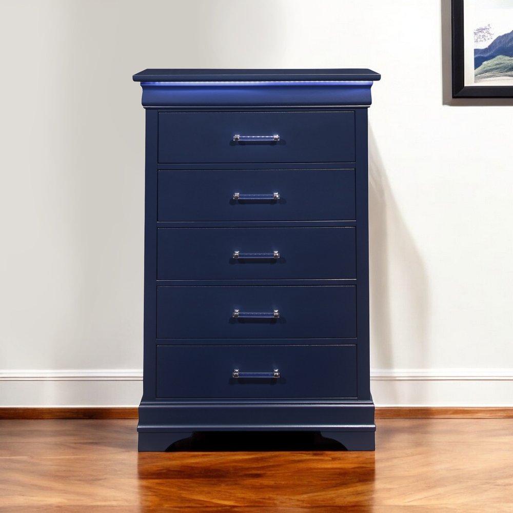 16" White Solid Wood Five Drawer Chest with LED Lighting HomeRoots