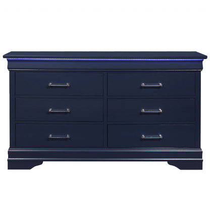 59" Blue Solid Wood Six Drawer Double Dresser with LED