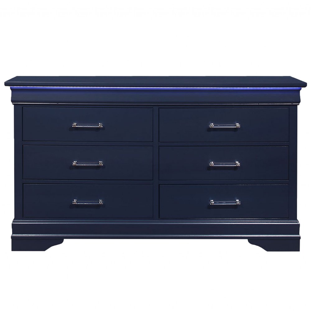 59" Blue Solid Wood Lighted Six Drawer Double Dresser HomeRoots