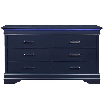 59" Blue Solid Wood Lighted Six Drawer Double Dresser HomeRoots