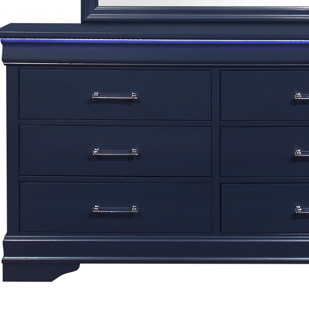 59" Blue Solid Wood Lighted Six Drawer Double Dresser HomeRoots