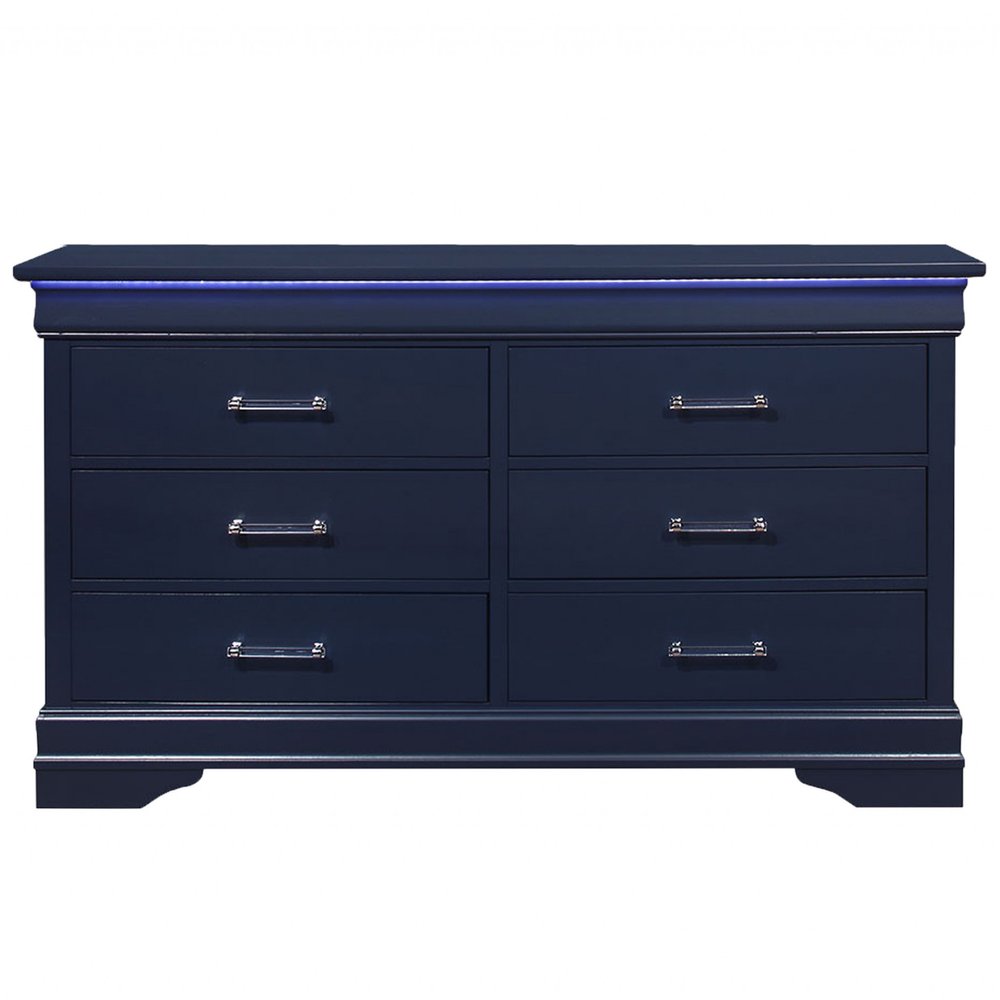59" Blue Solid Wood Lighted Six Drawer Double Dresser HomeRoots