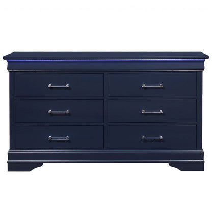 59" Blue Solid Wood Lighted Six Drawer Double Dresser HomeRoots